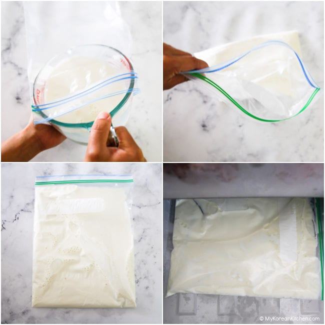 Pouring a mixture of milk, sweetened condensed milk, and water from a jug into a large zip-lock bag.