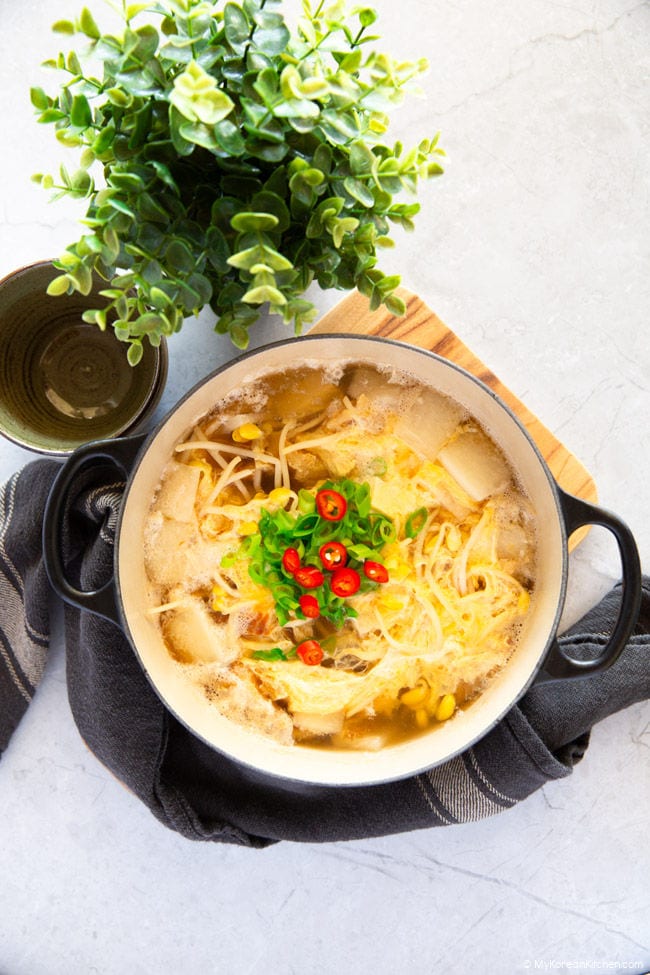 Cooked dried pollack soup in a dutch oven.