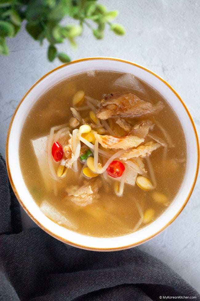 Close up photo of dried pollack soup.