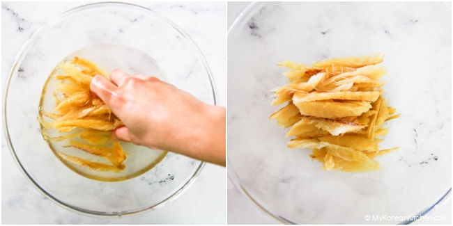 Dried pollack being hydrated in a bowl of water, then placed in an empty bowl after being drained.