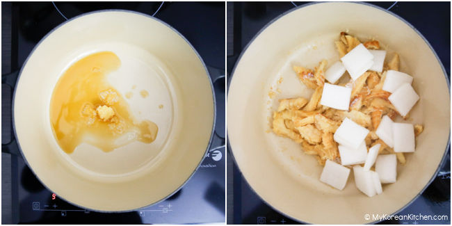 Cooking dried pollack and radish in a Dutch oven pot.
