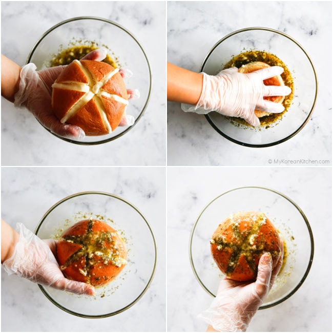 Collage of cream cheese-stuffed brioche bun being dipped into garlic butter custard.
