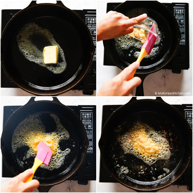 Melting butter in a skillet and sautéing garlic.