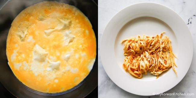 Collage image showing an egg omelette being cooked in a skillet and thinly sliced omelette strips arranged on a white plate.