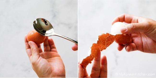 Peeling egg shells carefully.