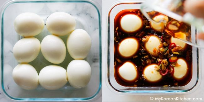 Pouring the sauce over boiled eggs placed in a square container.