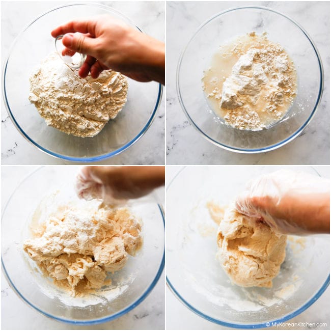 Making knife-cut noodle dough in a mixing bowl
