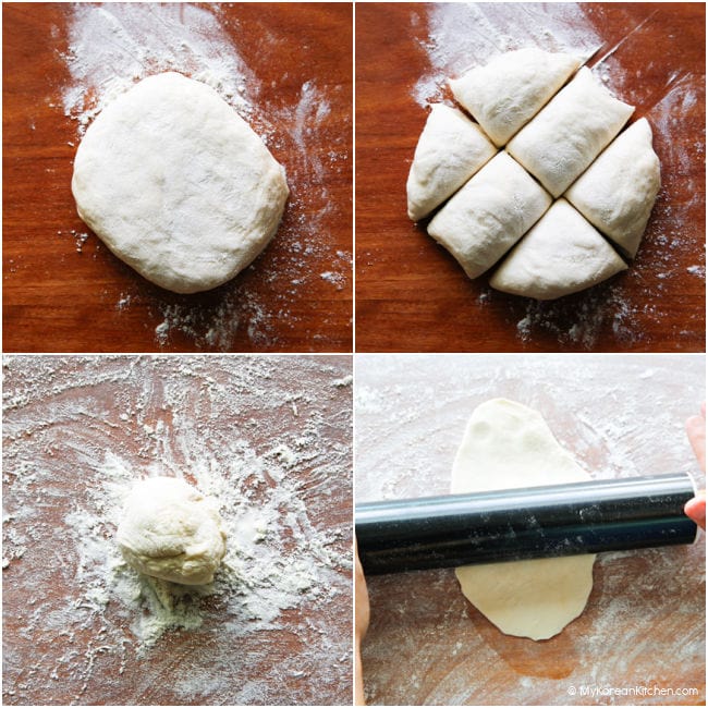 Collage showing step-by-step: dividing and rolling out knife-cut noodle dough