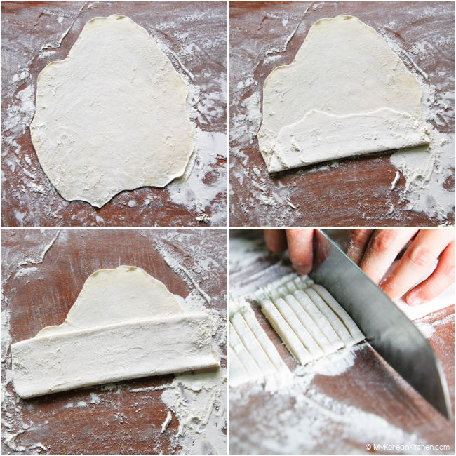 Collage showing step-by-step: folding and slicing knife-cut noodle dough